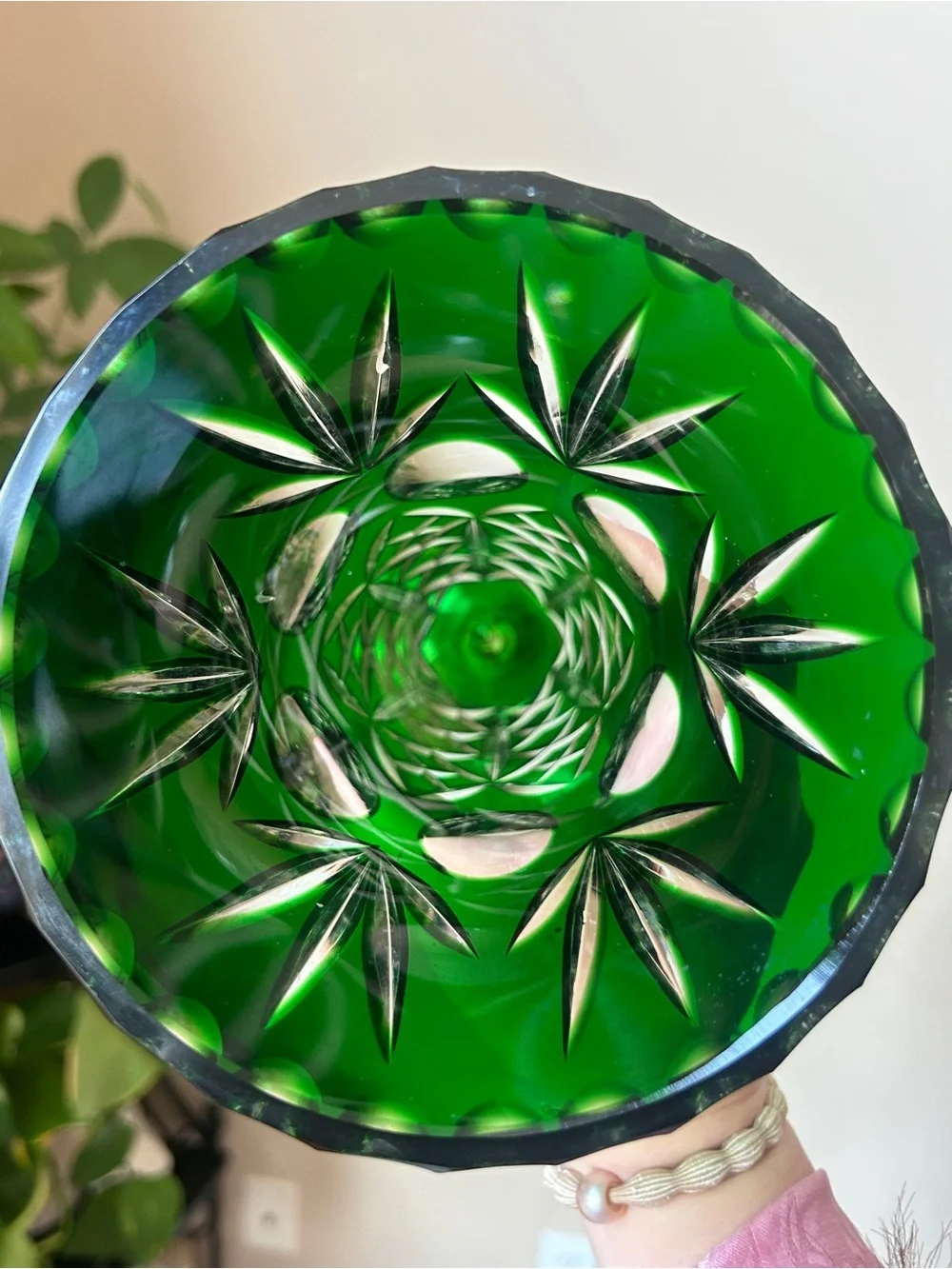 Vintage Imperial Hand Cut Emerald Glow Glass Vase German 1950s 10.5”